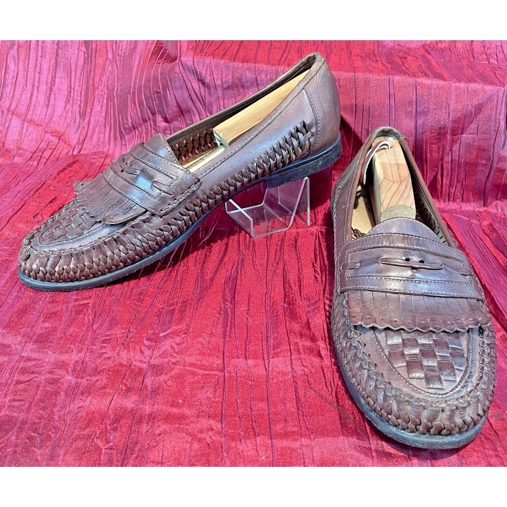 Mens Nunn Bush Brown Leather Woven Panels Kilt Loafers sz 11M